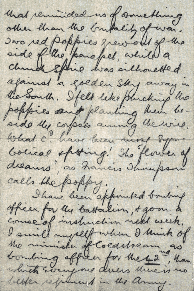 Image shows the second page of the Rev Thomson's letter to Lady Clementina Waring describing his experiences in the trenches, 1915 National Records of Scotland reference: GD372/87/12